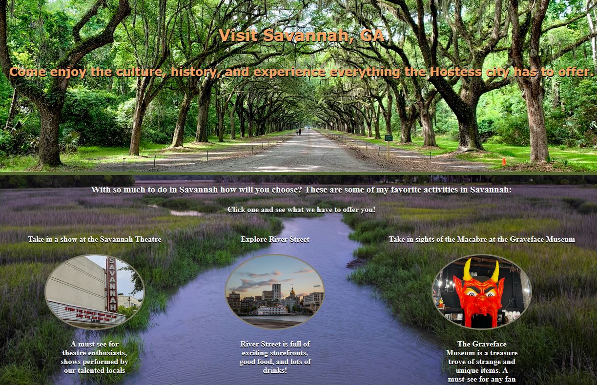 An image depicting a website enticing viewers to visit Savannah, Ga