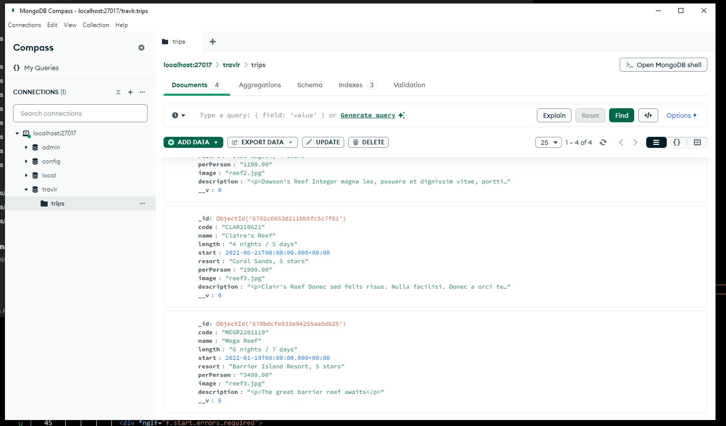 Confirming trip additions in MongoDB Compass